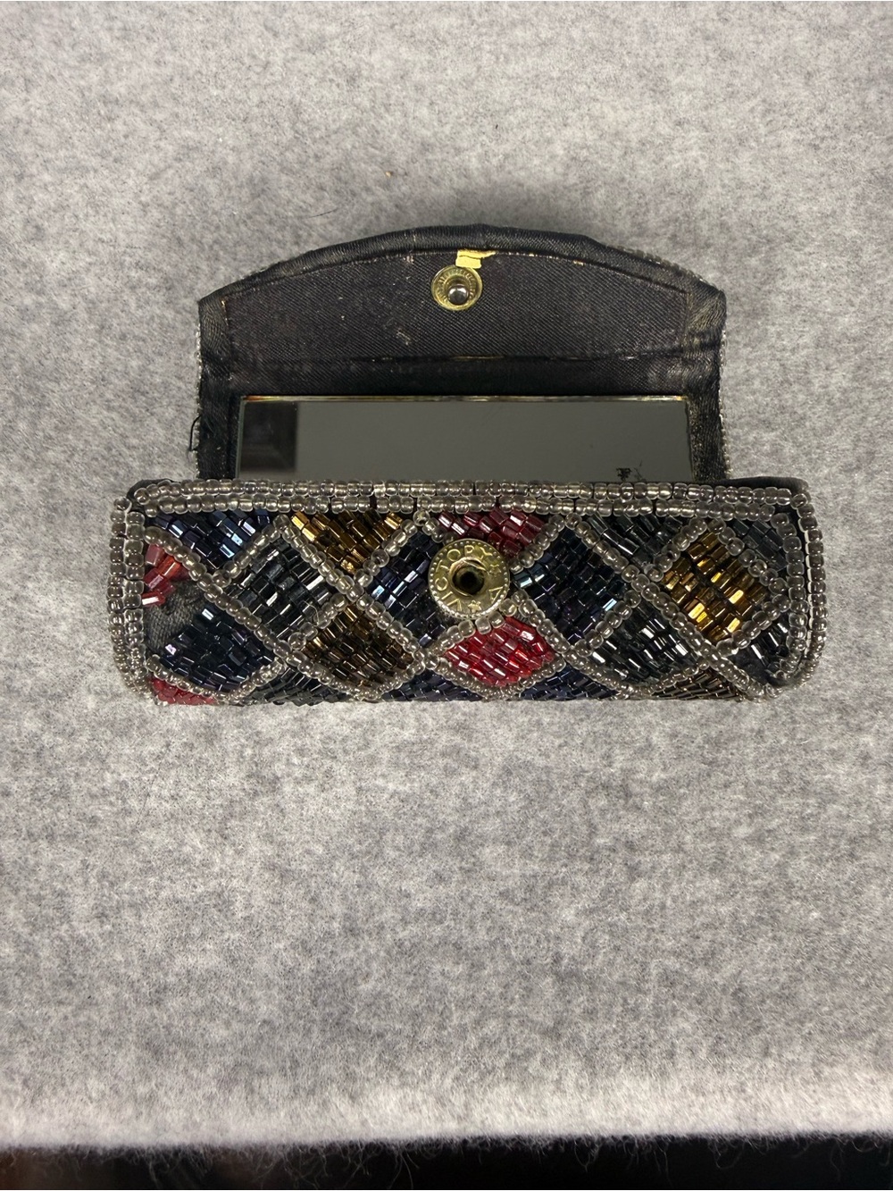 Vintage Beaded Lipstick Holder Compact Mirror Boho Art Deco Glam Retro